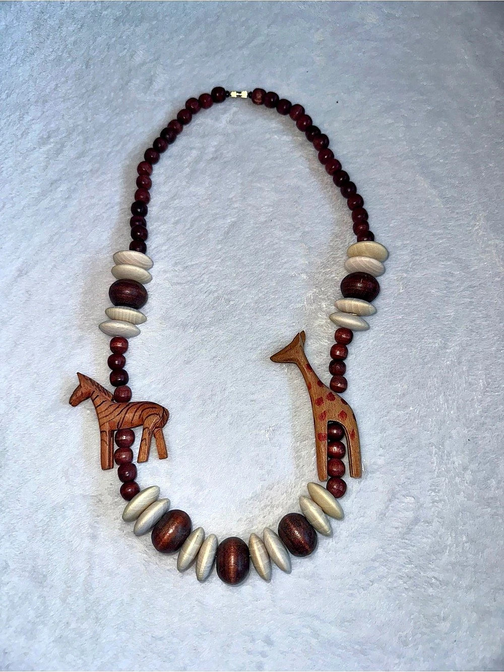 Vintage Wooden Giraffe Zebra Necklace Hand Carved Safari Animal Beaded Boho 29”